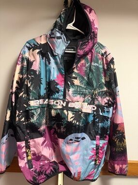 Reason Multicolor Palm-Print Hooded Jacket (Pink, Teal, Black)